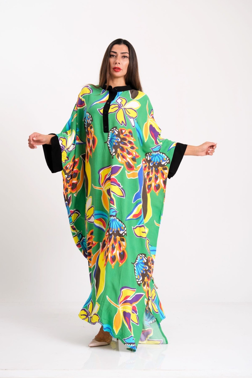 Floral Crew Neck Bat Sleeve Oversize Long Dress