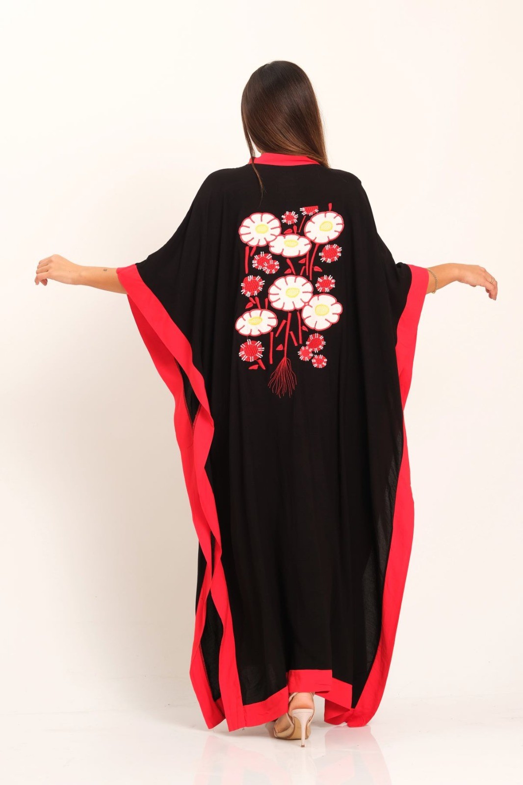 Black Red Garnished Back Floral Embroidery Tassel Bat Sleeve Slit Oversize Long Dress