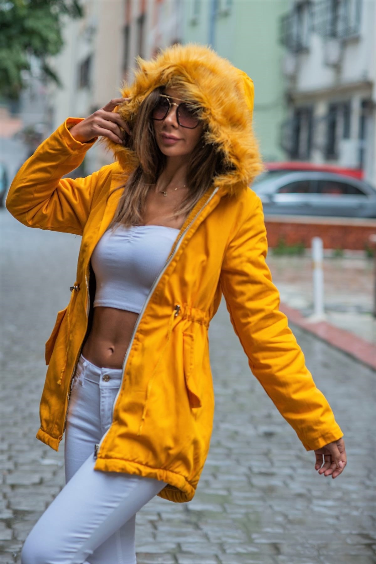 Mustard Fur Hooded Waist Shirred Furry Inside Gabardine Coat