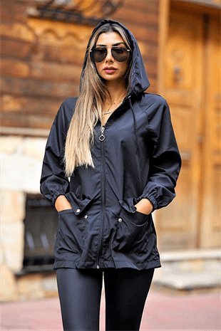 Black Star Hooded With Pockets Thin Raincoat 