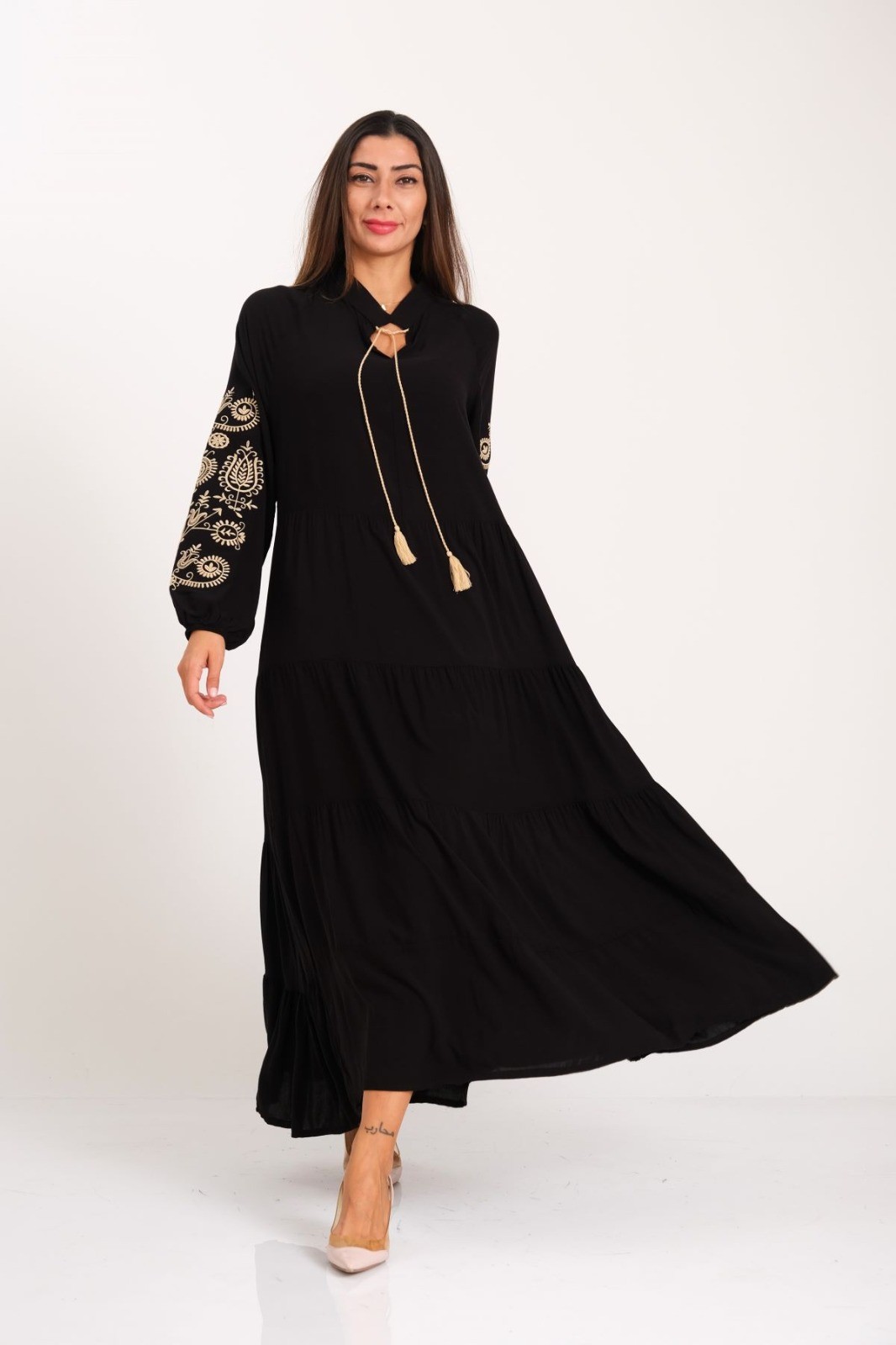 Black Crew Neck Tassel Lace-up Sleeves Embroidered Skirt Floor-Length Long Dress