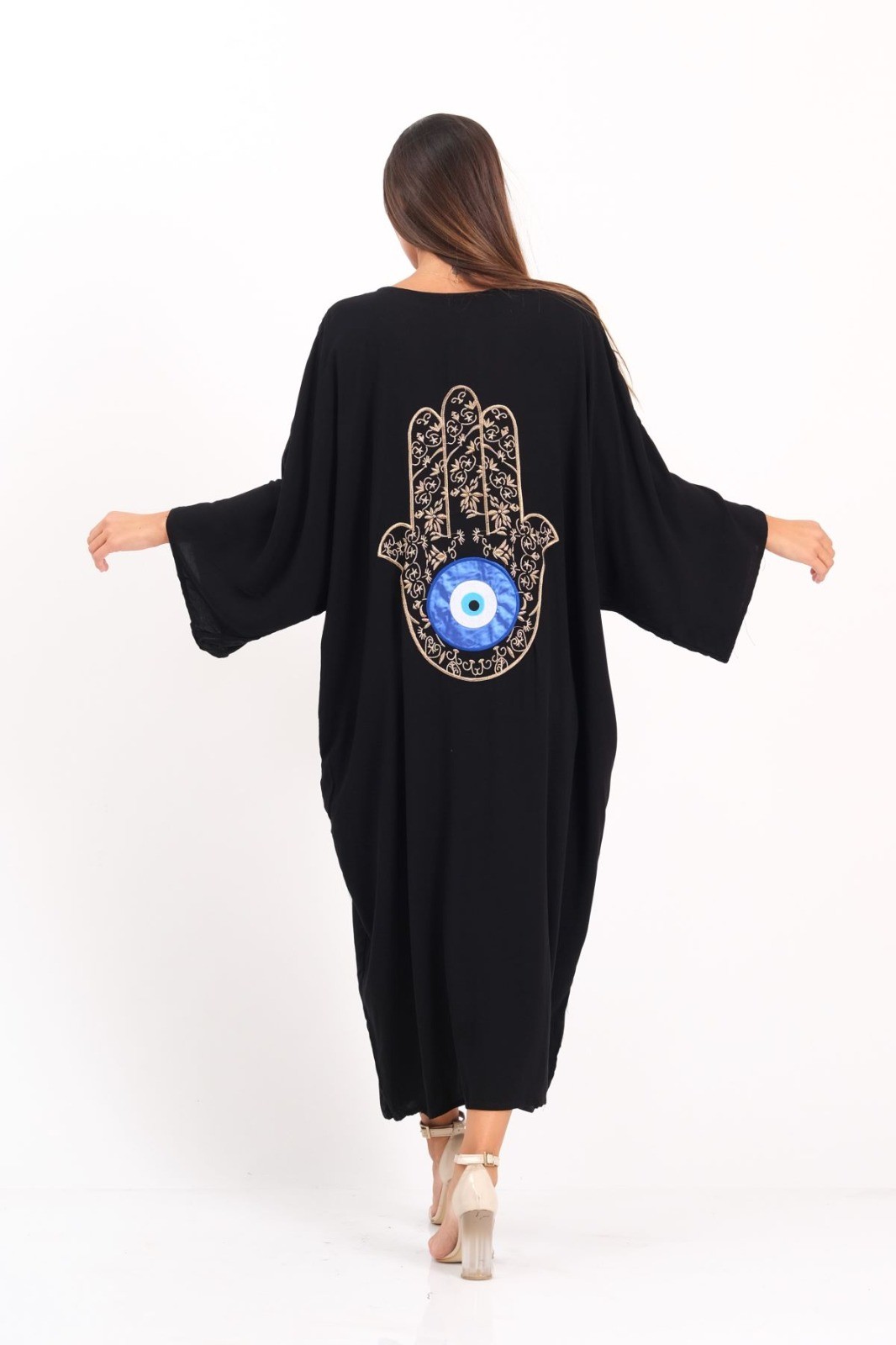 V-Neck Back Fatima Hand Embroidered Oversize Long Shirt Dress with Pockets