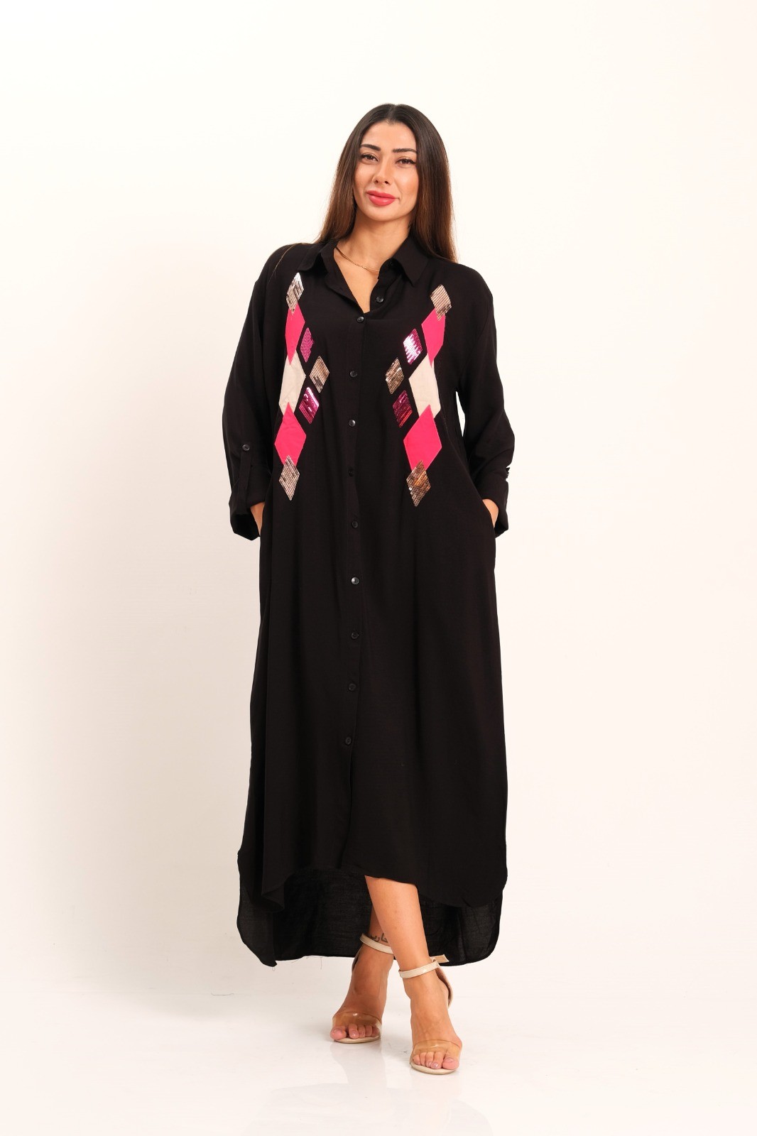 Black Front Sequin Applique Embroidered Long Shirt Dress with Sleeve