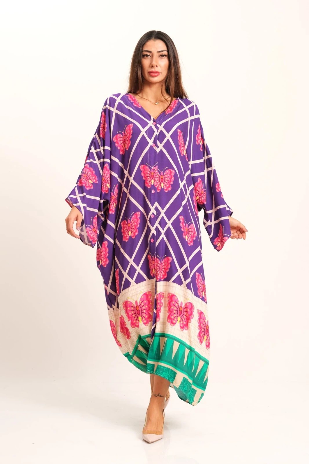 Purple Butterfly Patterned V-Neck Bat Sleeve Pocket Oversize Long Shirt Dress