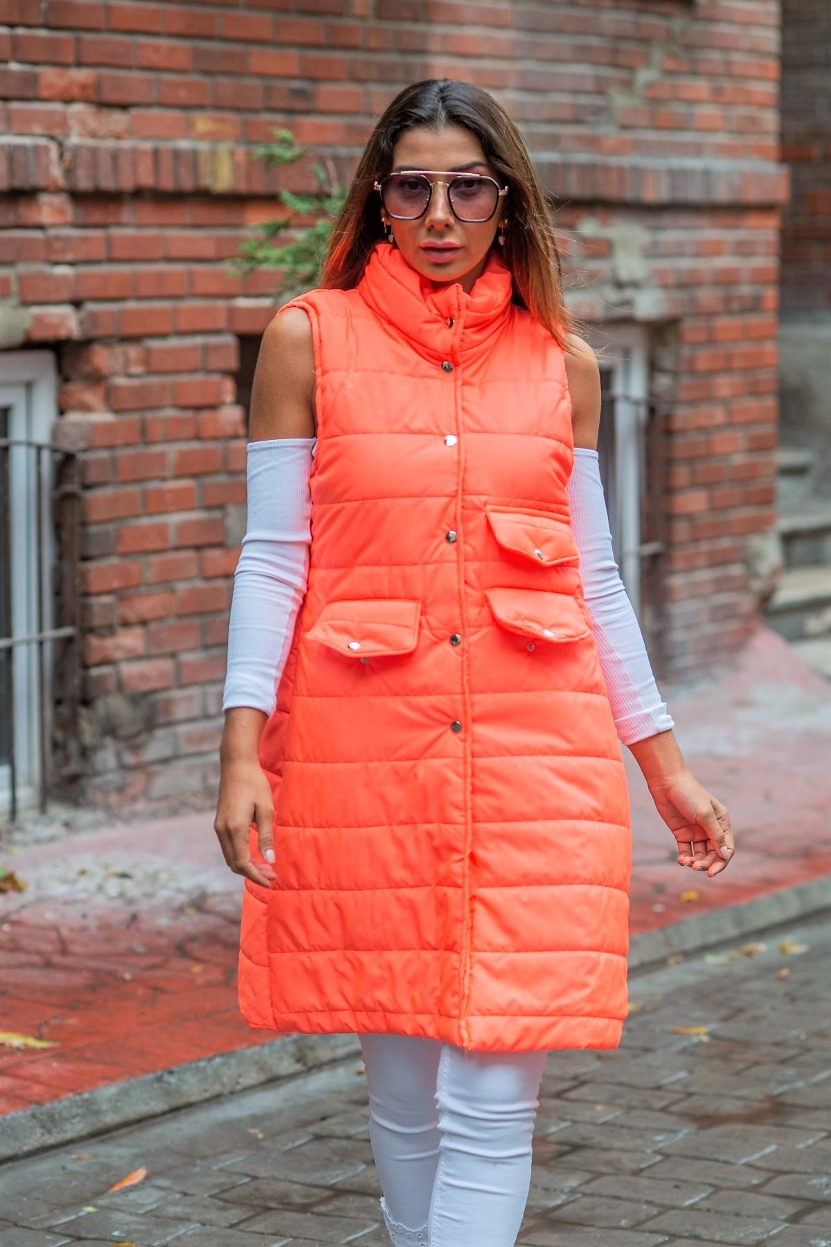 Pomegranate Color Stand Collar Pocketed Long Puffer Vest