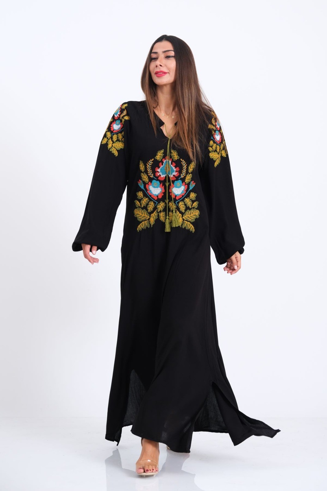 Black Front and Sleeves Embroidered Tassel Balloon Sleeve Long Dress - Black