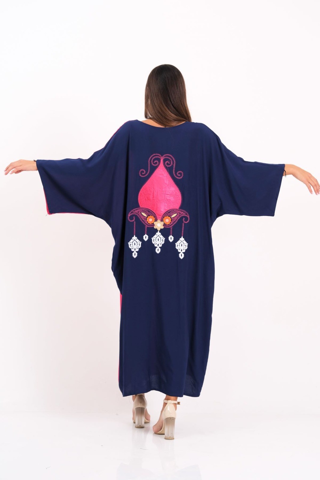 Color Blocked Back Authentic Embroidered Long Oversize Dress With Pockets