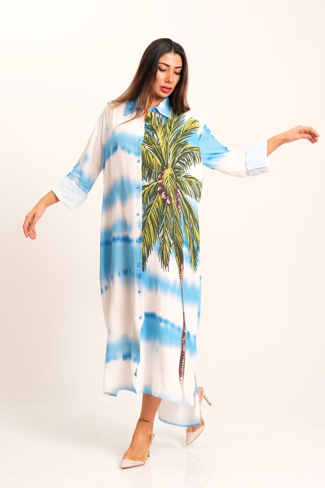 Blue Tropical Print Long Shirt Dress with Epaulets and Pockets on Sleeves