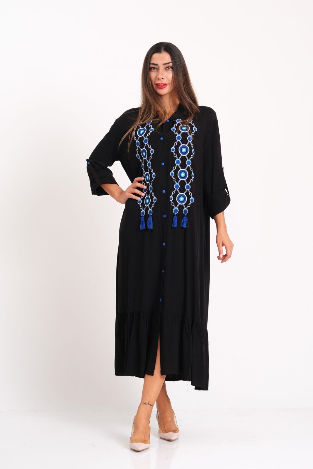 Black Front Evil Eye Bead Embroidered Tassel Sleeve Epaulette Skirt Ruffle Long