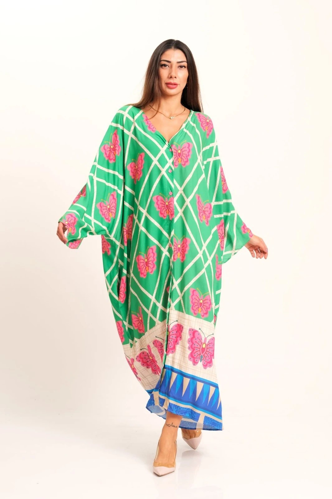 Green Butterfly Patterned V-Neck Bat Sleeve Pocket Oversize Long Shirt Dress