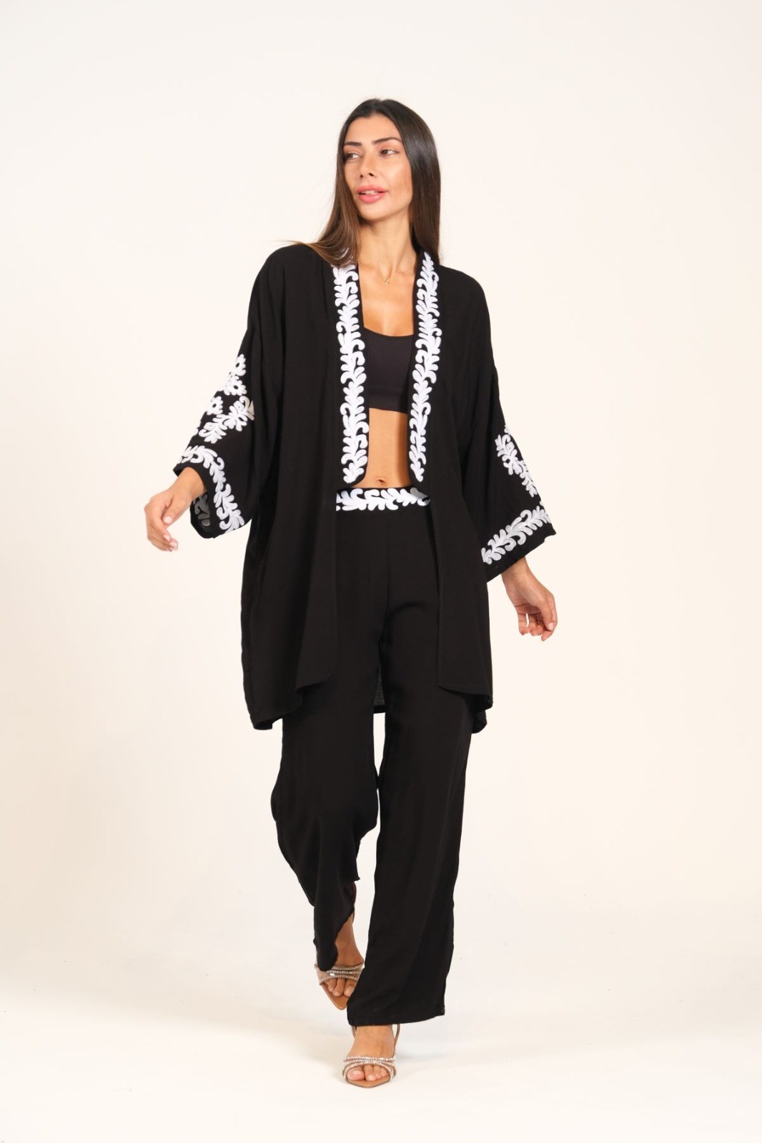 Black Applique Embroidered Pocket Tunic Trousers Double Set