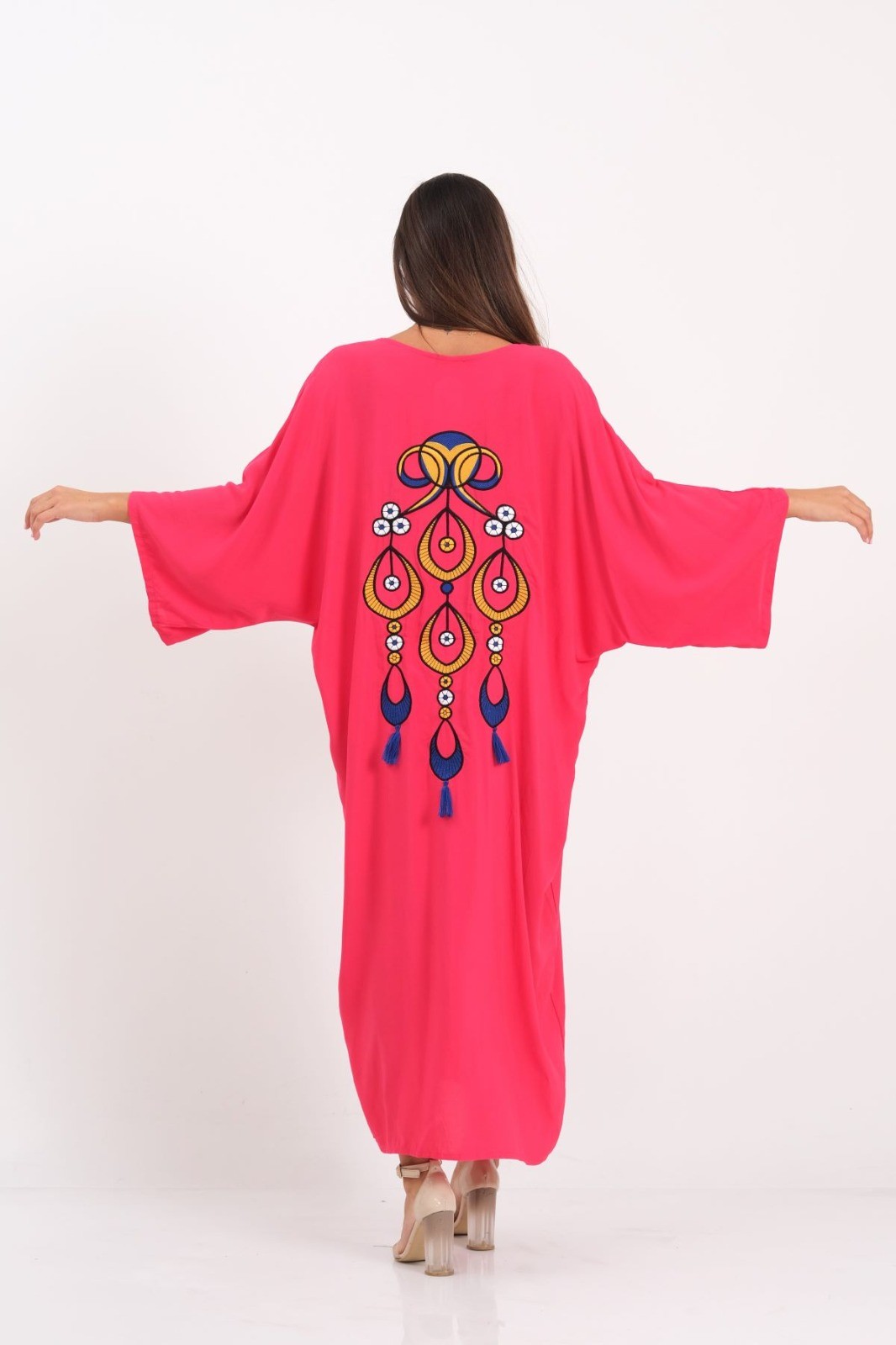 V-Neck Pockets and Back Authentic Embroidered Tassels Oversize Long Shirt