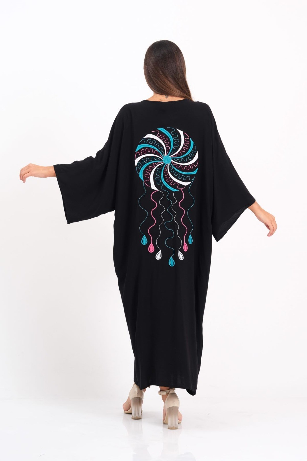 Black V-Neck Back and Pockets Embroidered Tassel Oversize Long Dress