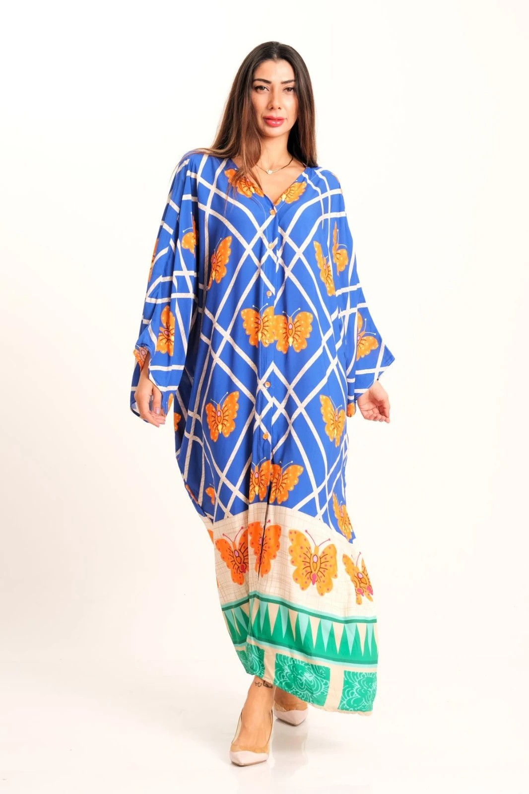 Blue Butterfly Patterned V-Neck Bat Sleeve Pocket Oversize Long Shirt Dress