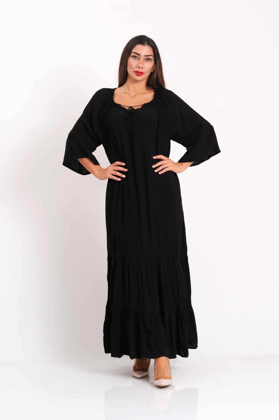 Black Carmen Collar Frilly Sleeve Skirts Scalloped Oversize Long Dress