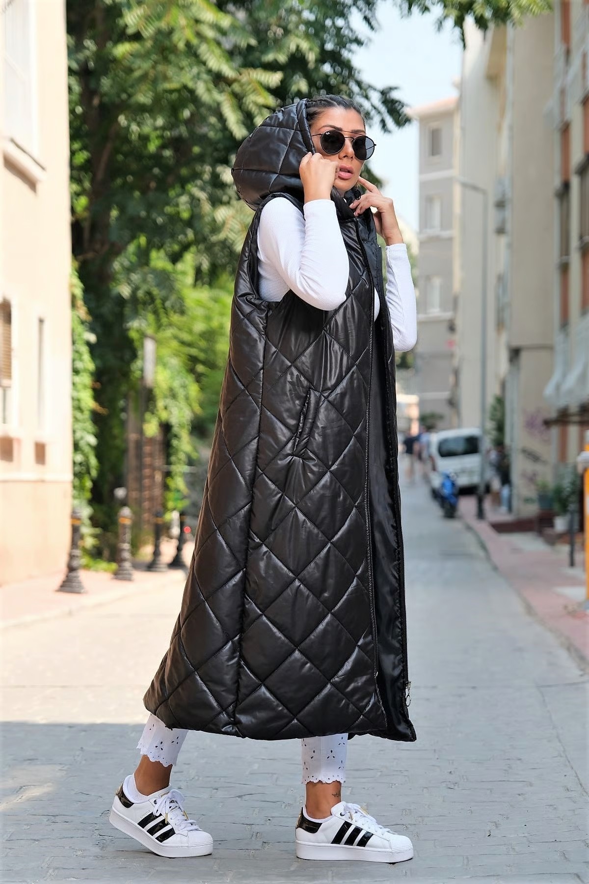 Black Hooded Pocketed Argyle Long Puffer Vest