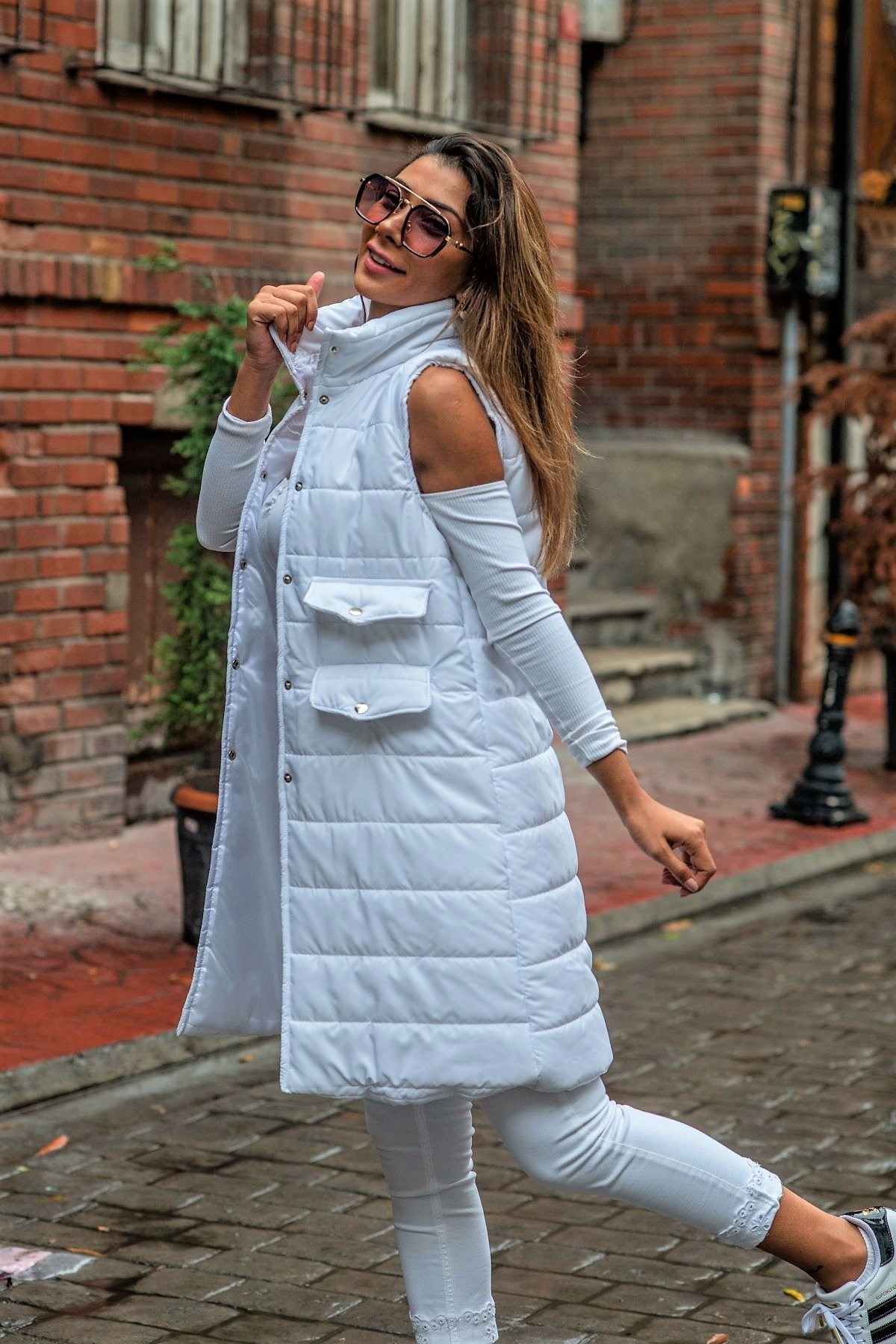 White Stand Collar Pocketed Long Puffer Vest