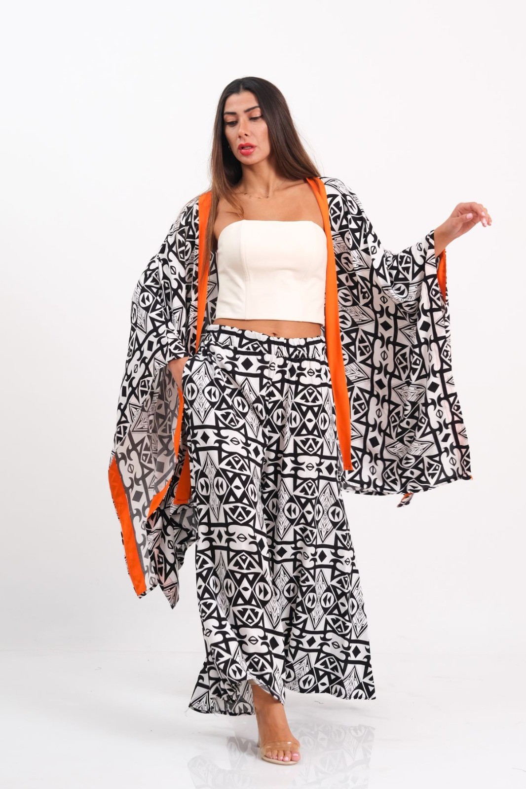 Black and White Patterned Shirt and Pants Two-Piece Set