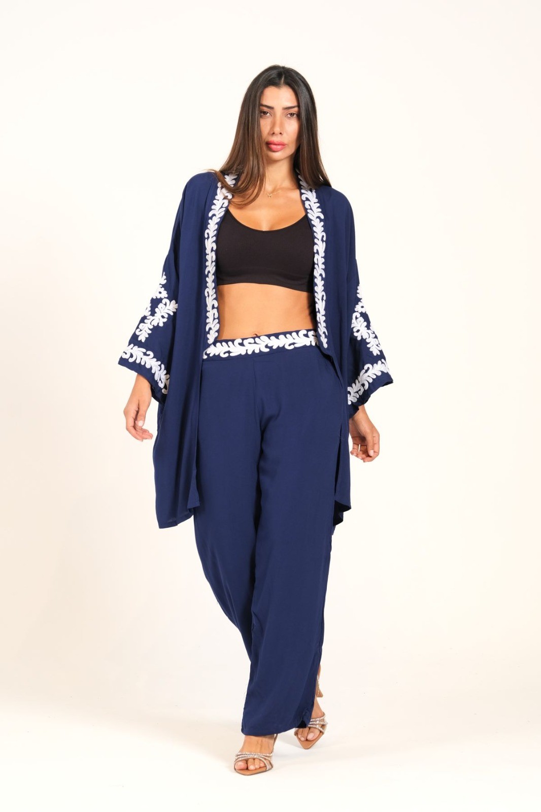 Navy Blue Applique Embroidered Pocket Tunic Trousers Double Set