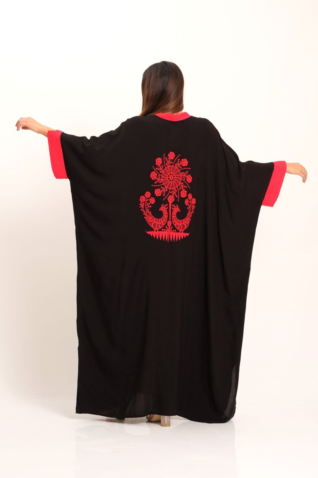 Black Back Authentic Embroidered Bat Sleeve Oversize Long Dress