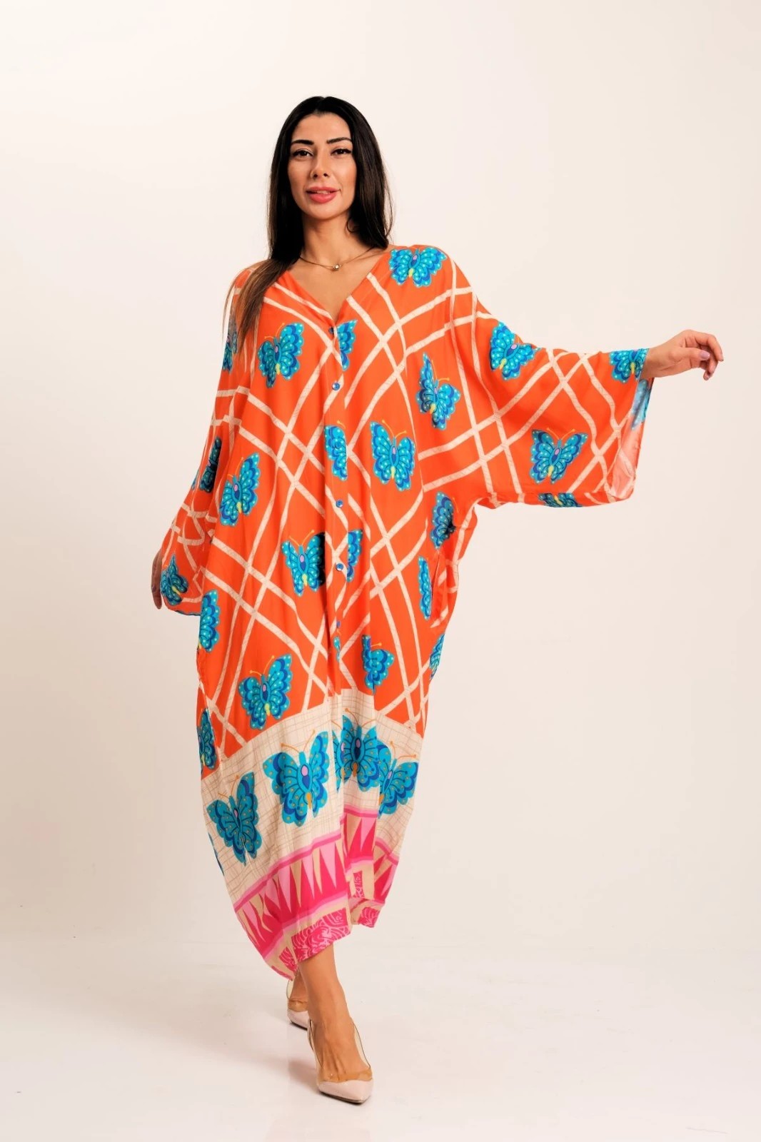 Orange Butterfly Patterned V-Neck Bat Sleeve Pocket Oversize Long Shirt Dress