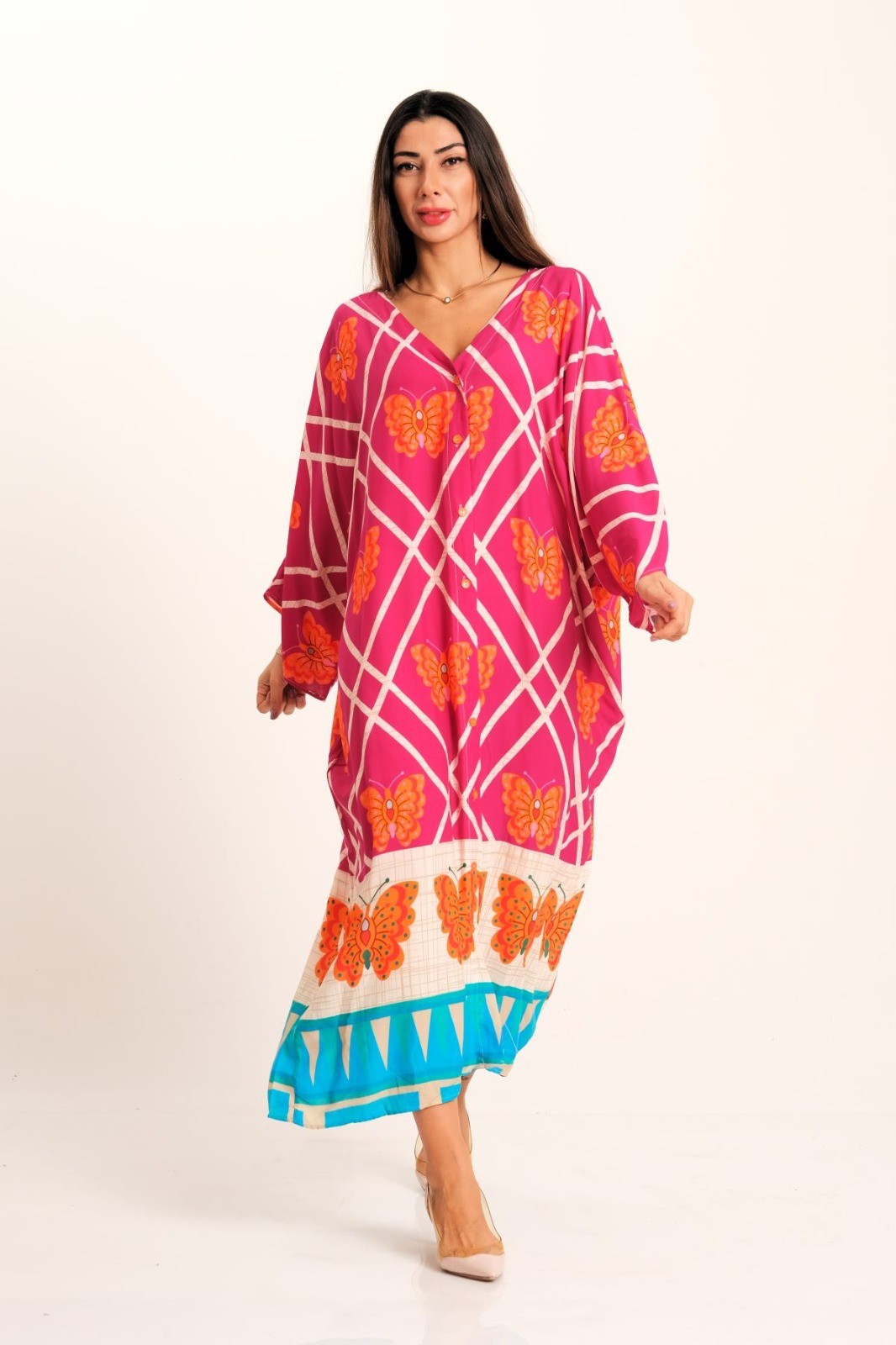 Fuchsia Butterfly Patterned V-Neck Bat Sleeve Pocket Oversize Long Shirt Dress