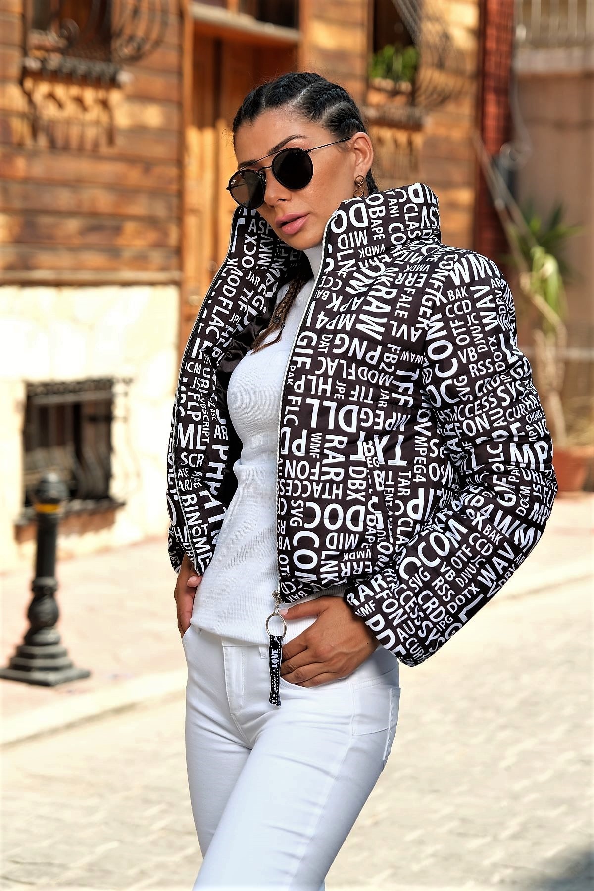 Black And White Written Stand Collar Short Puffer Jacket