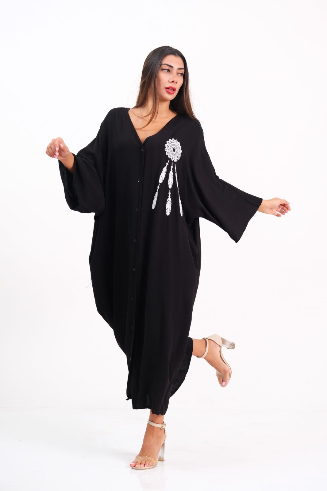 Black V-Neck Back and Chest Feather Embroidery Oversize Long Shirt Dress with