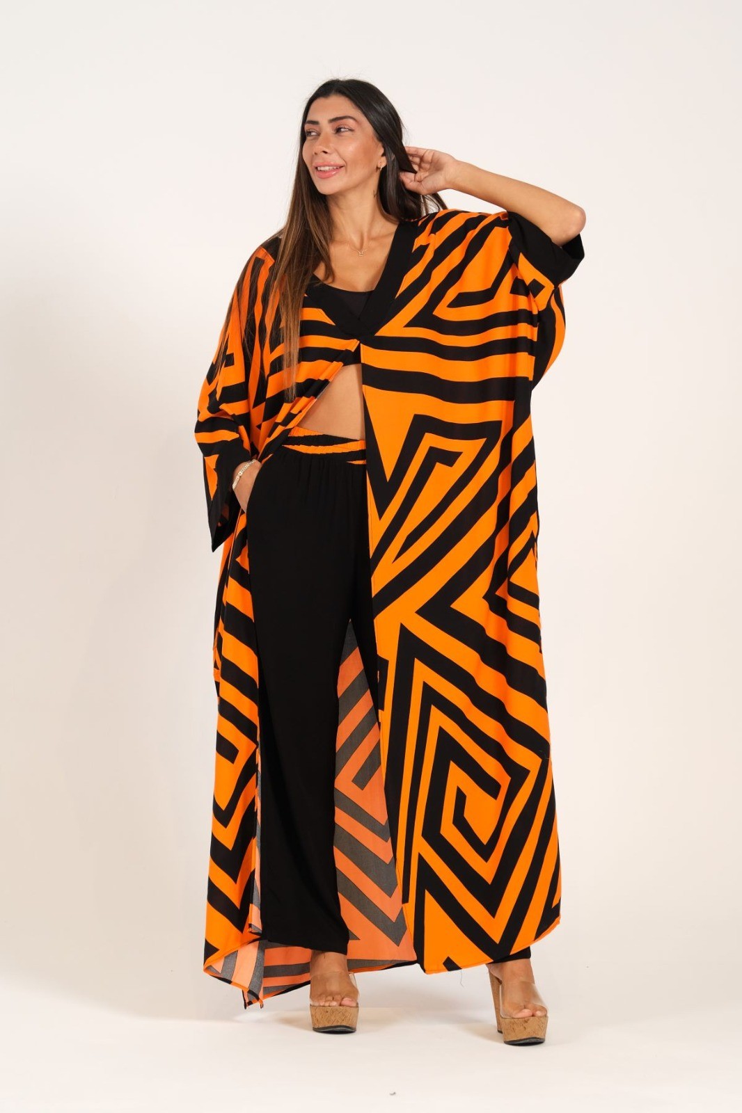 Orange Black Patterned V-Neck Front Slit Pocket Tunic Trousers Double Set