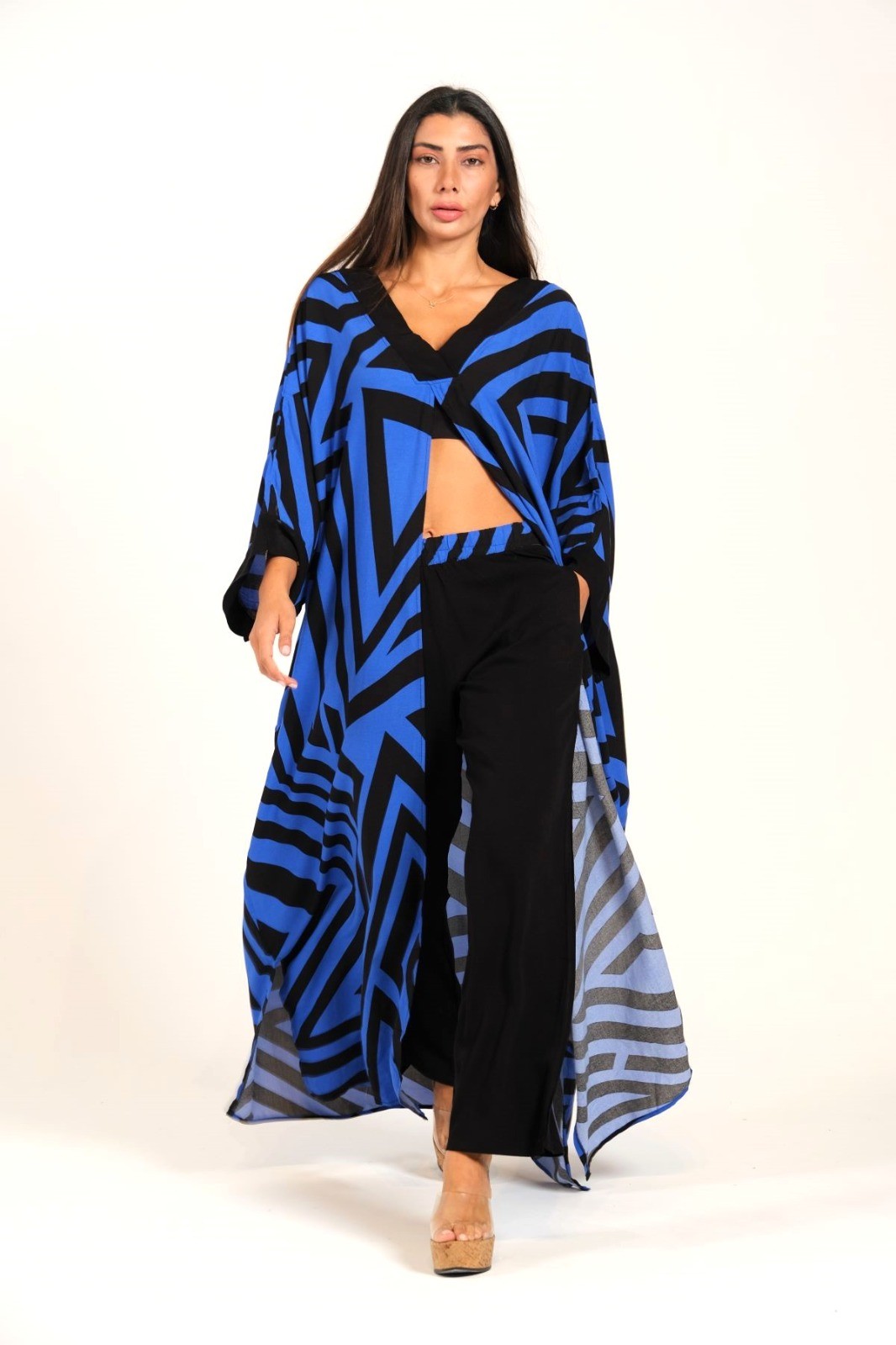 Sax Blue Black Patterned V-Neck Front Slit Pocket Tunic Trousers Double Set