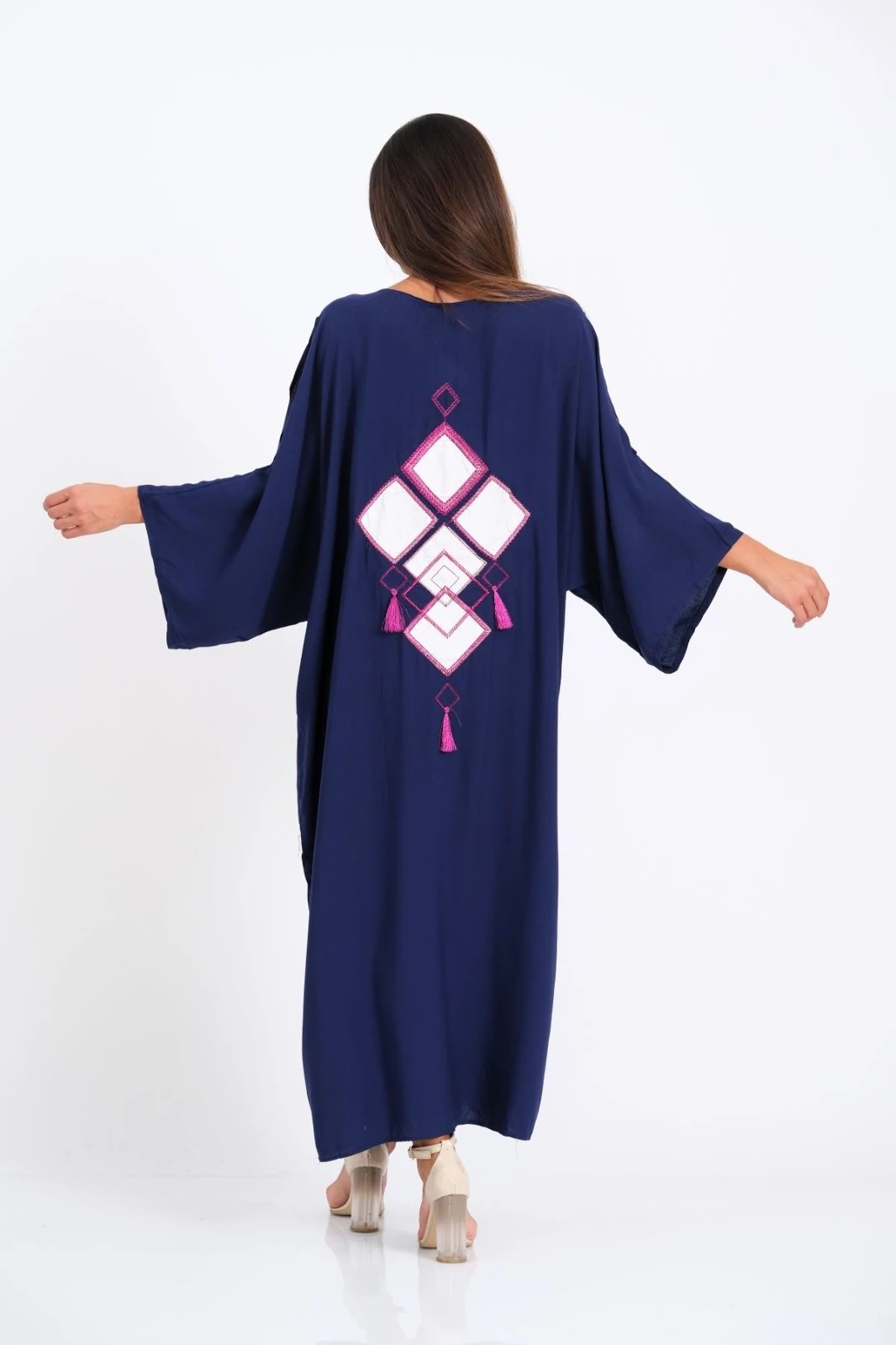 Navy Blue V-Neck Oversize Long Shirt with Shoulder Window Pockets and Back Applique