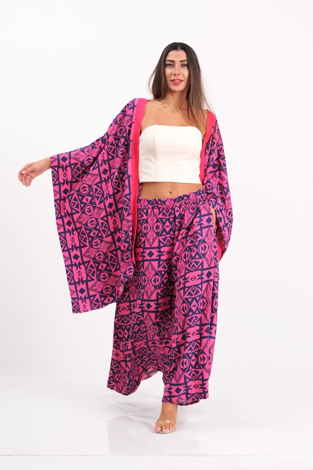 Pink Patterned Shirt and Pants Two-Piece Set