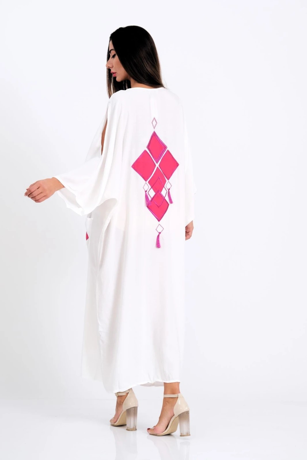 White V-Neck Oversize Long Shirt with Shoulder Window Pockets and Back Applique