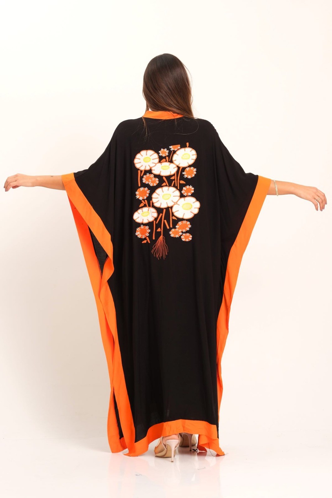 Black Orange Garnished Back Floral Embroidery Tassel Bat Sleeve Slit Oversize Long Dress