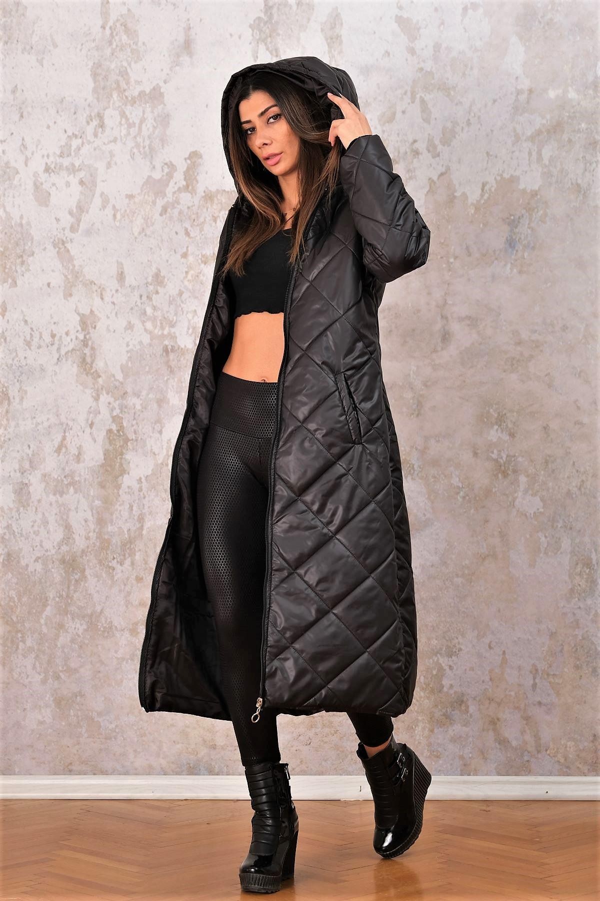 Black Hooded Argyle Long Puffer Coat