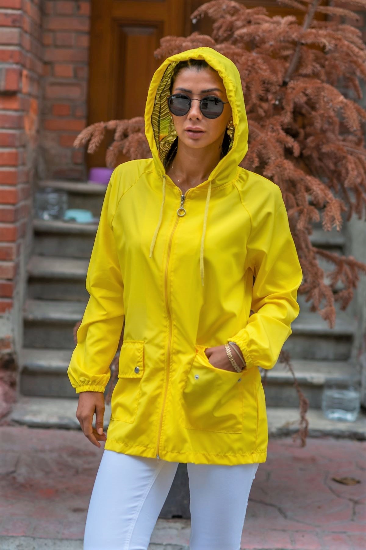 Yellow Star Hooded With Pockets Thin Raincoat 