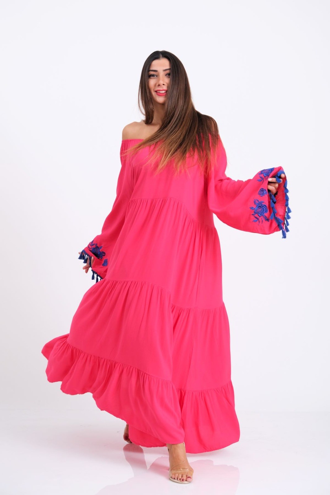 Pink Carmen Collar Embroidered Spanish Sleeve Skirts Layered Floor Long Dress