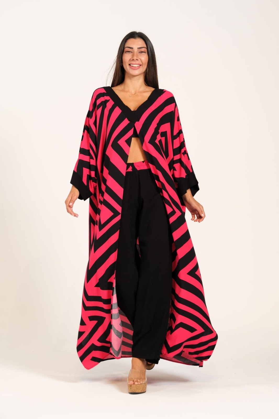 Fuchsia Black Patterned V-Neck Front Slit Pocket Tunic Trousers Double Set