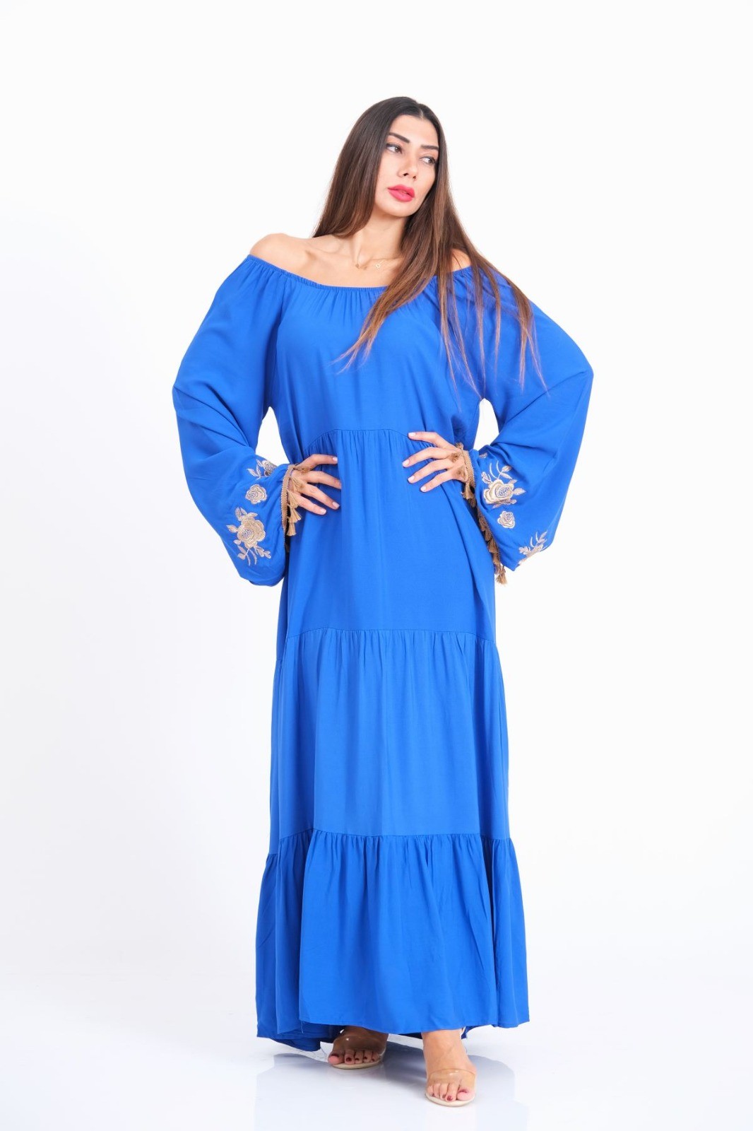 Saks Blue Carmen Collar Embroidered Spanish Sleeve Skirts Layered Floor Long Dress