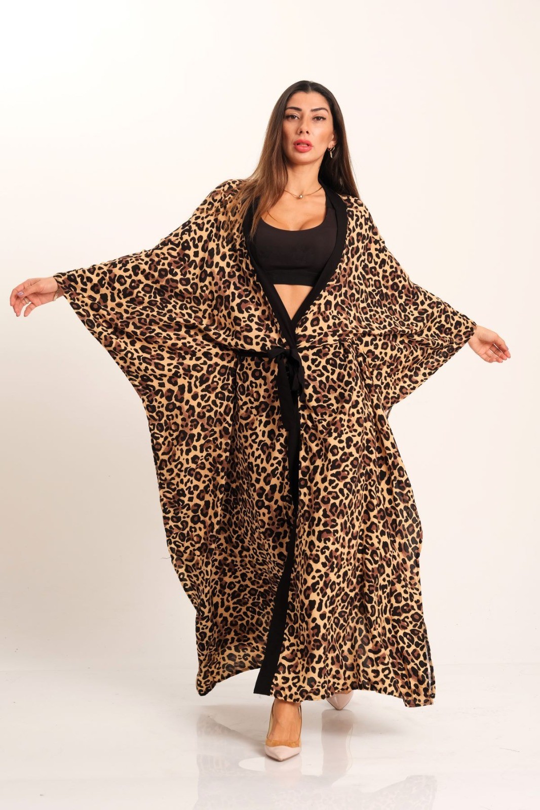 Leopard Print Belted Design Long Kimono