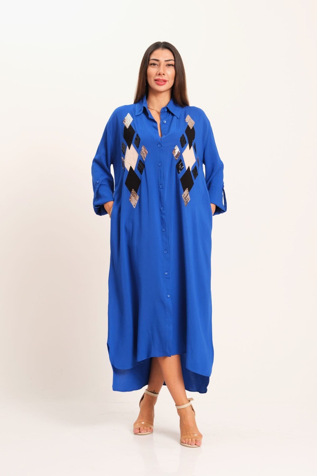 Sax Blue Front Sequin Applique Embroidered Long Shirt Dress with Sleeve