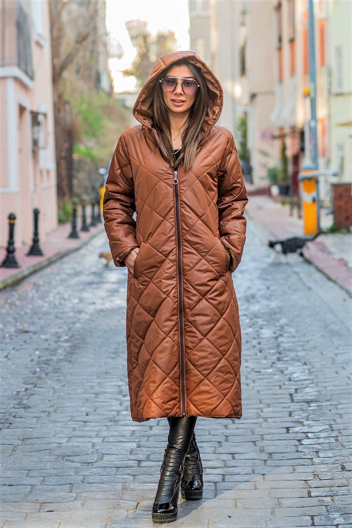 Brown Hooded Argyle Big Size Long Puffer Coat