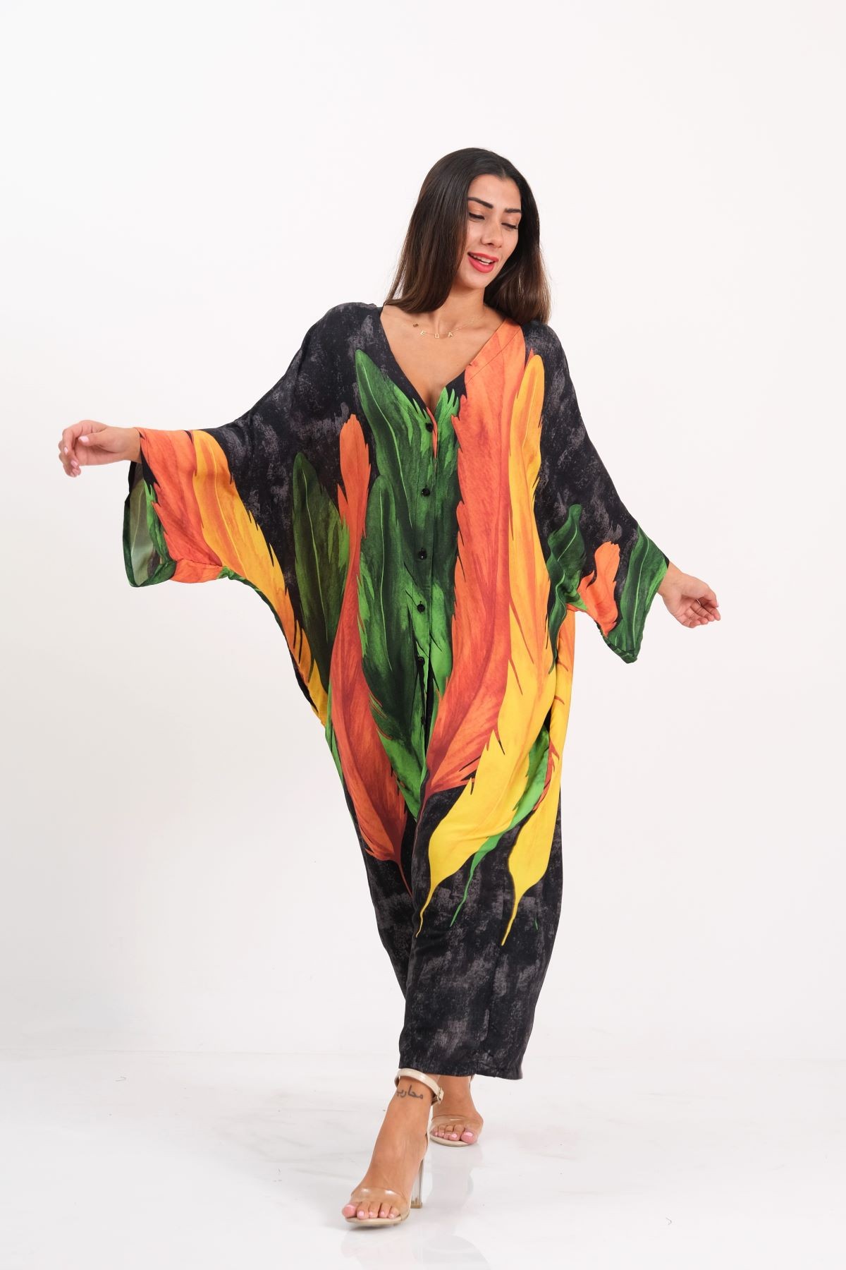 Green Feather Patterned V-Neck Oversize Long Shirt Dress with Pockets