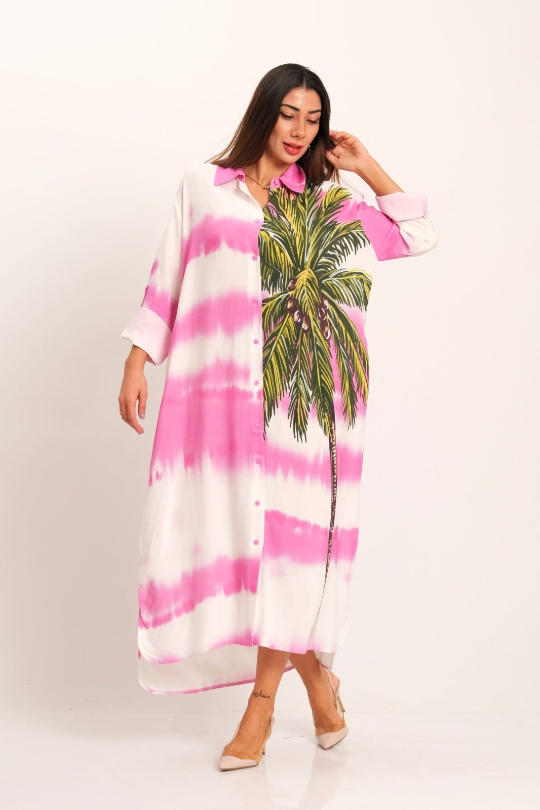 Pink Tropical Print Long Shirt Dress with Epaulets and Pockets on Sleeves