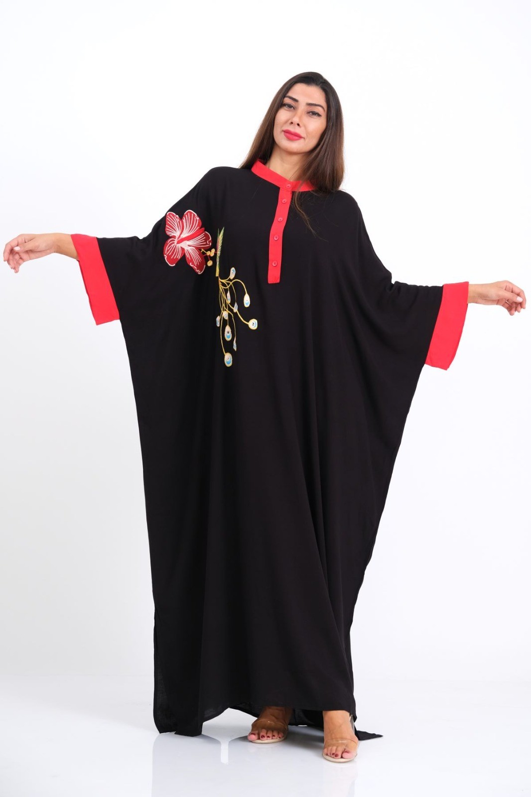 Bird Flower Embroidered Bat Sleeve Oversize Long Dress