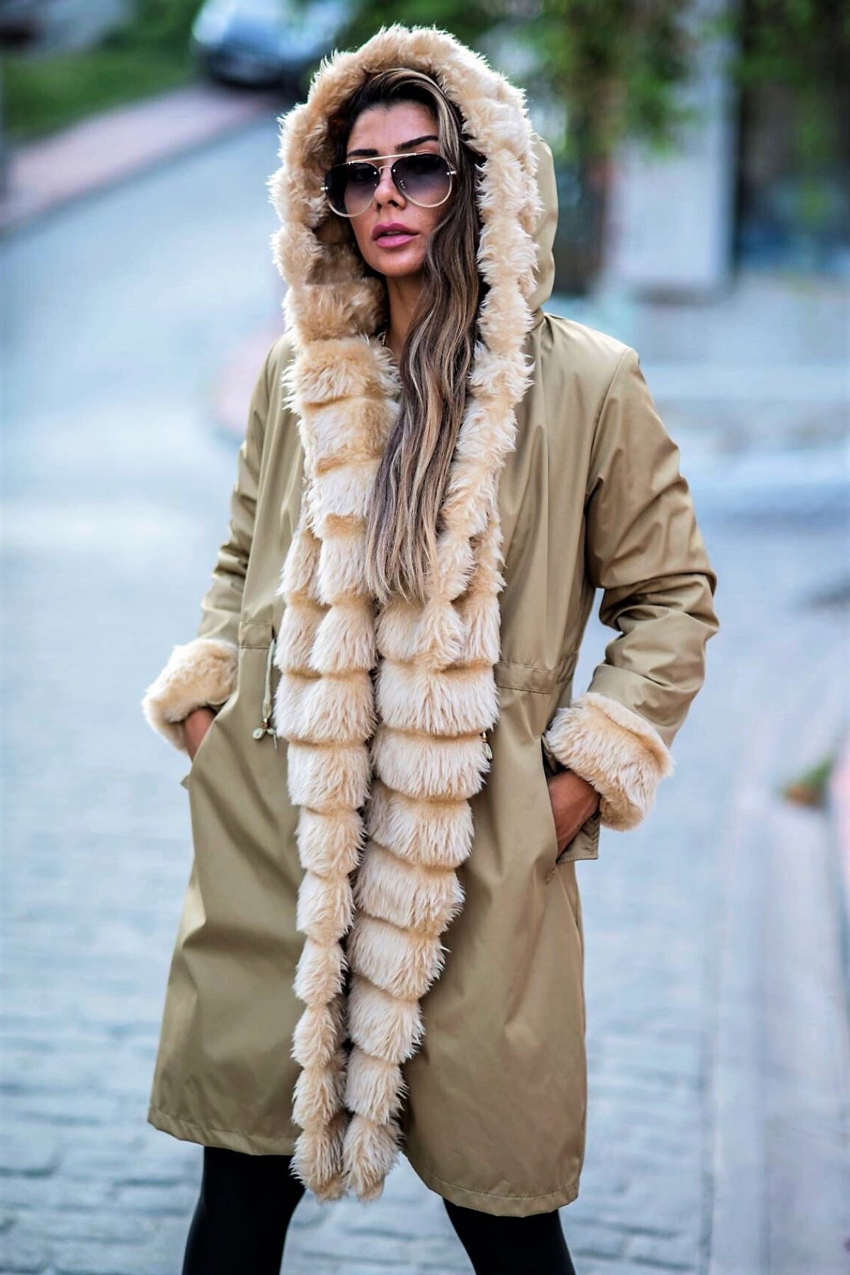 Beige Hooded Waterproof With Fur Inside Long Coat