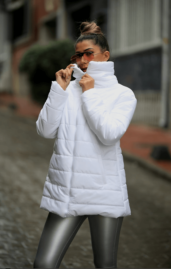 White Stand Collar Long Puffer Jacket