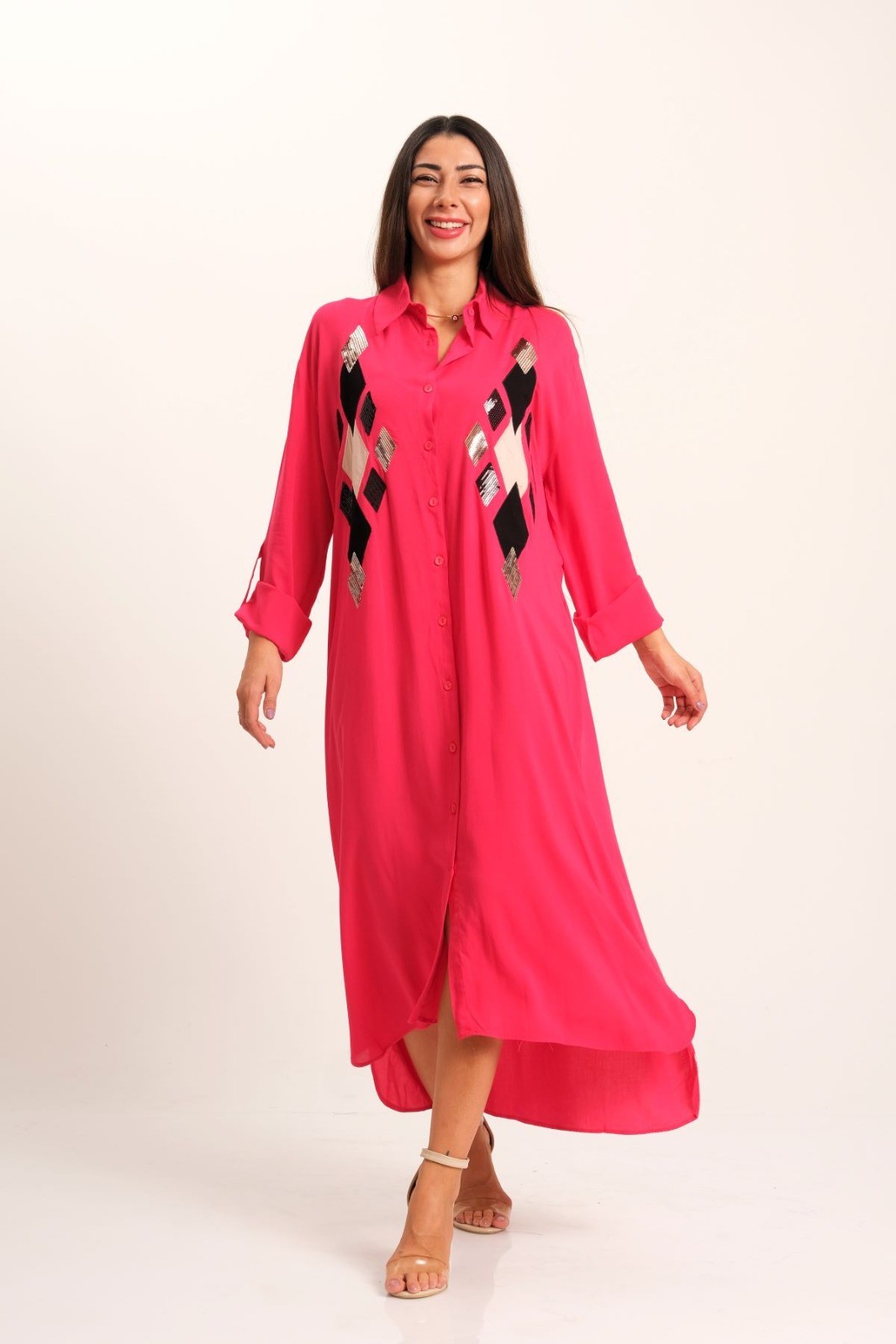 Fuchsia Front Sequin Applique Embroidered Long Shirt Dress with Sleeve