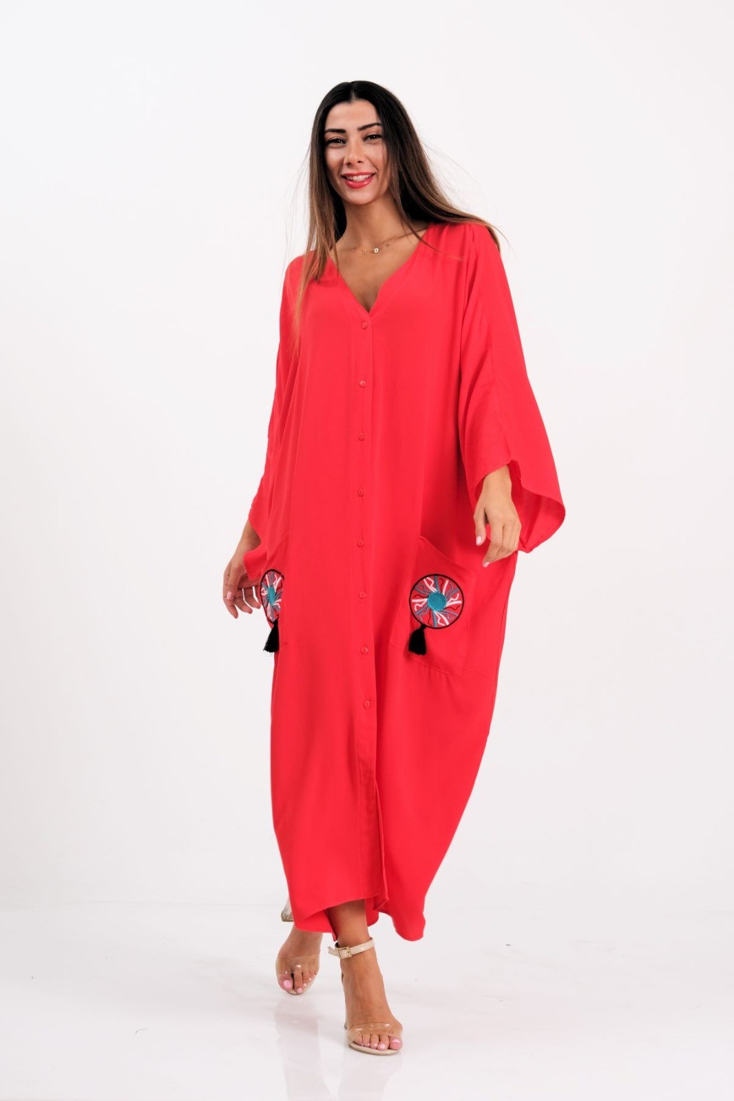 Red V-Neck Back and Pockets Embroidered Tassel Oversize Long Dress