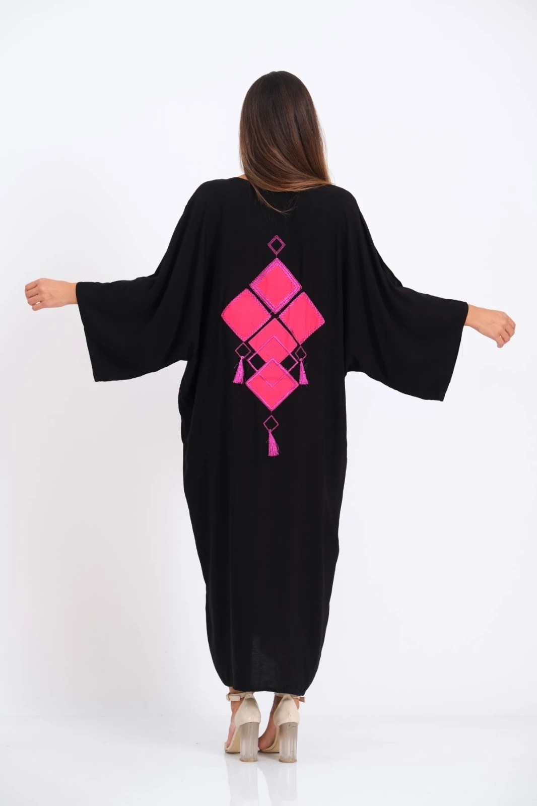 Black V-Neck Oversize Long Shirt with Shoulder Window Pockets and Back Applique